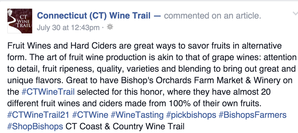 A typical Facebook post from the CT Wine Trail