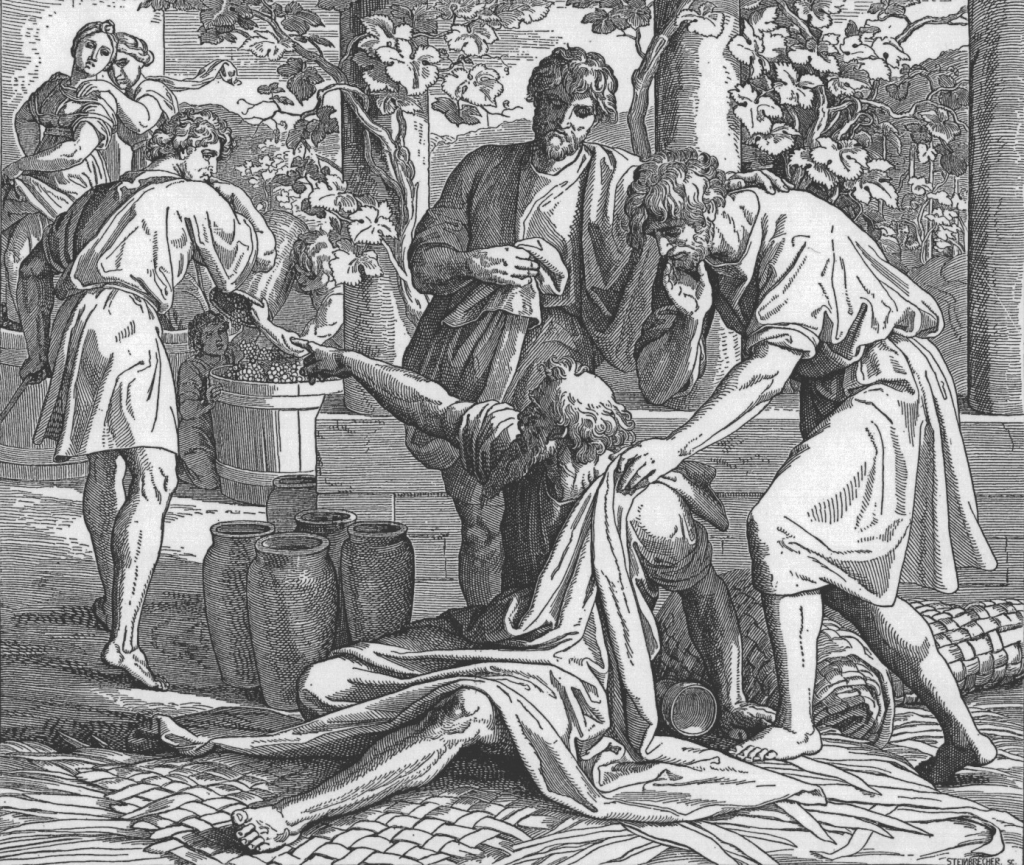 Noah waking up from his drunken wine induced sleep. Been there buddy. And look at his sons judging him. Leave the guy alone. He is like 800 and saved the world. He can get his drink on if he wants to. (photo credit: ourfamilybiblestudy.wordpress.com)